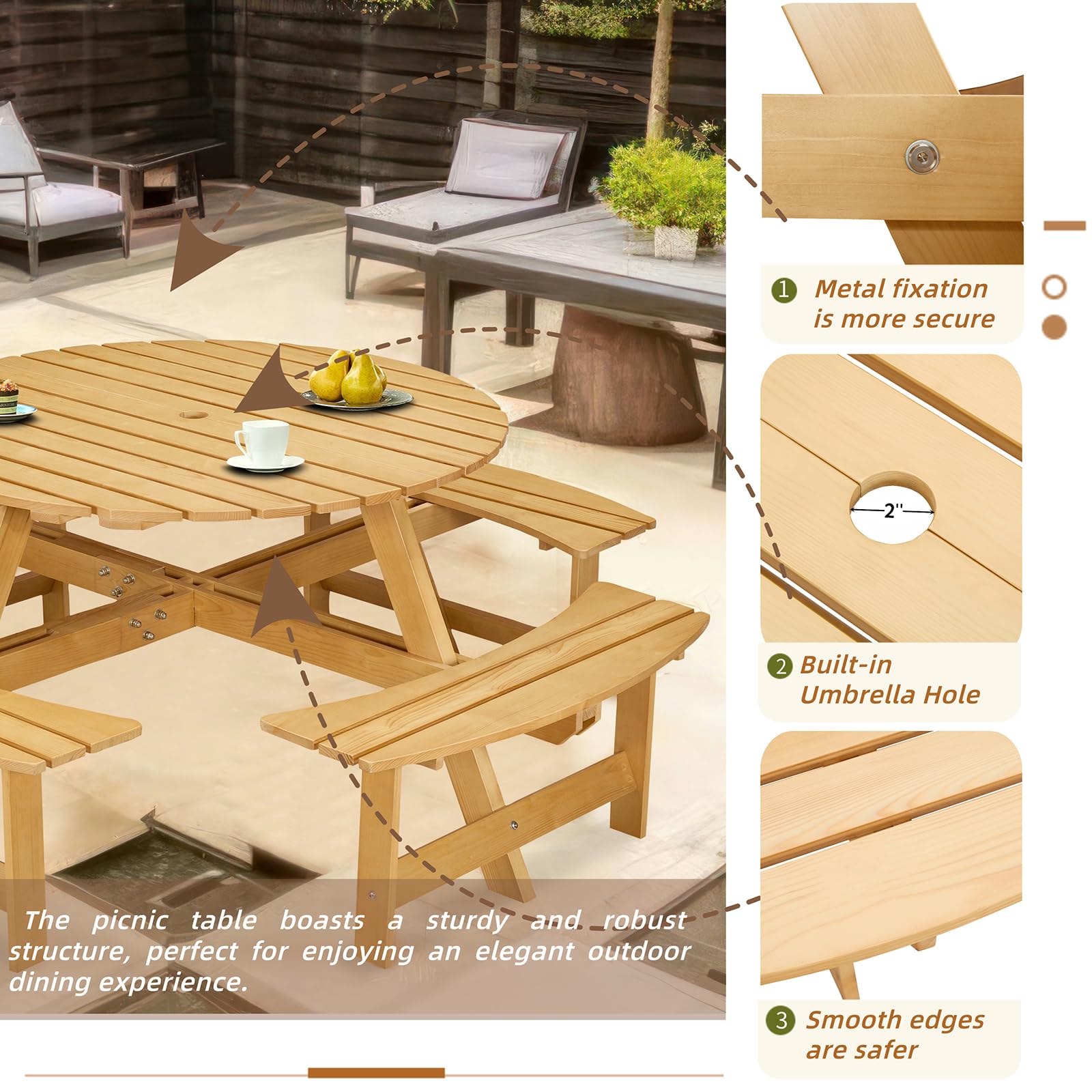 Tavolo da picnic rotondo in legno per 8 persone con 4 panche integrate e foro per ombrellone, per giardino, cortile, portico e patio