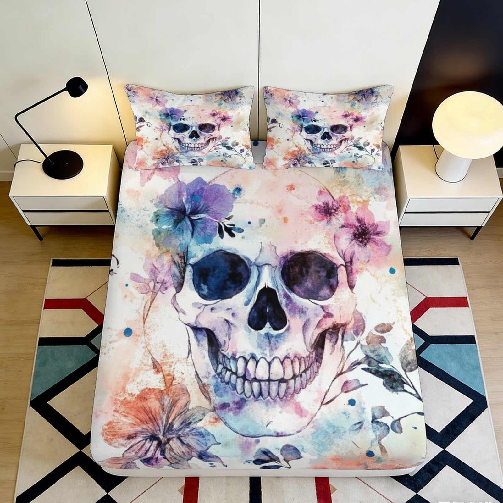 Uxinyoume Style-9 3D Printed Watercolor Skull Fitted Sheet Microfiber Artistic Floral Bed Cover For Bedroom Dorm Protection Decor 90X200x25cm