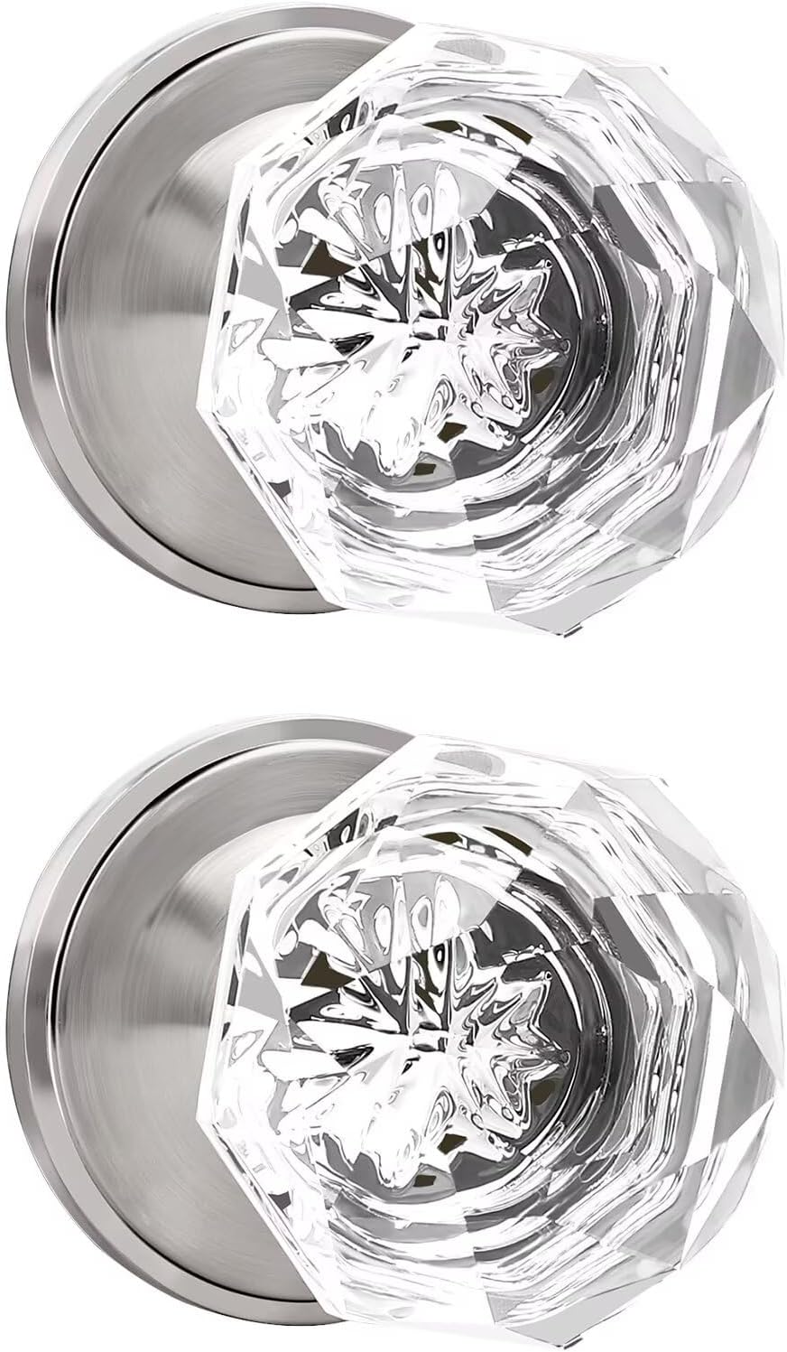 2 Pcs Crystal Privacy Door Knobs Interior, Satin Nickel Glass Door Knobs with Lock, Diamond Door Knobs for Bedroom Bathroom