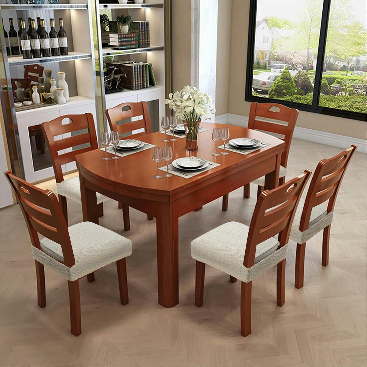 Fundas de Asiento de Silla Jacquard elásticas para Comedor Fundas Protectoras de cojín de Asiento de Silla Antipolvo Lavables extraíbles-Caqui-Juego de 6 Piezas