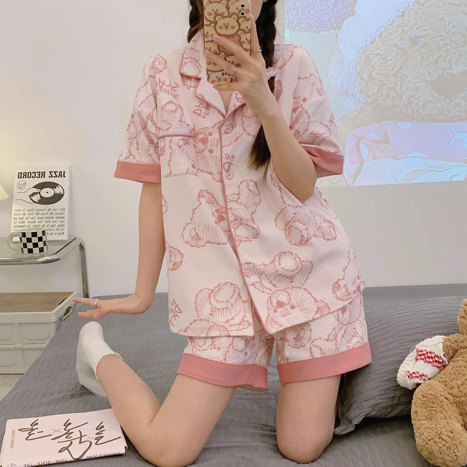 Size 2XL...Cute Summer Pajama Set Women Kawaii Short Sleeves Short Pants Padded Bra Pajamas Cardigan House Pjs Nighty Piyamas