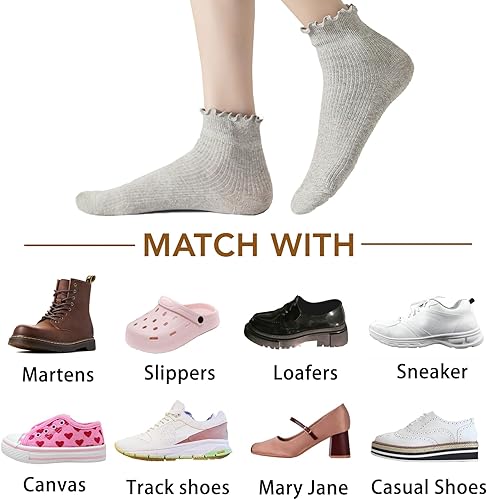 Miniatura 6 de 8 pares de calcetines con volantes para mujer, calcetines con volantes para niñas y mujeres, color liso, borde de lechuga, cómodos, transpirables,