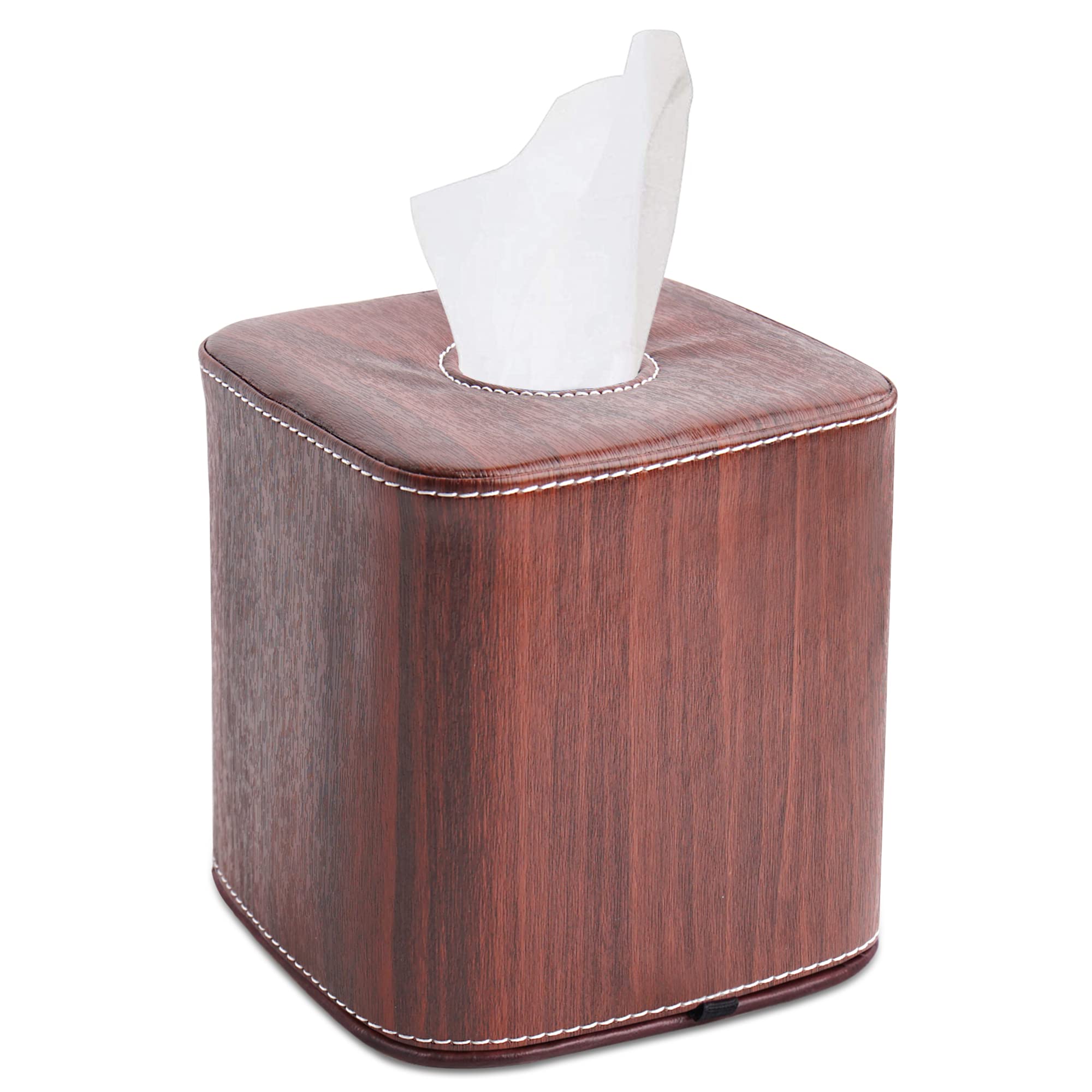 QIELIZI Tissue Box Cover,PU Leather Magnetic Closure Tissues Cube Box Cover for Bathroom Vanity Countertops, Bedroom Dressers, Night Stands, Desks and Tables(Wood-Light Brown)
