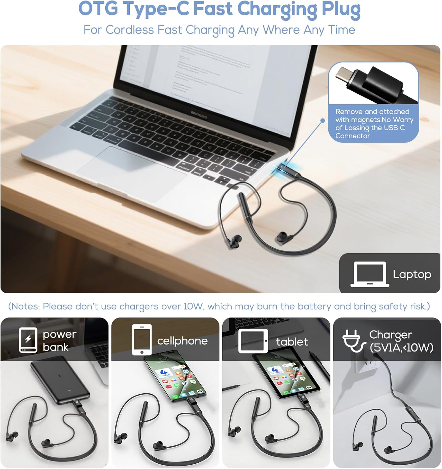 Hmusic A3 OTG Neckband Headphones Wireless Bluetooth 5.4, 35H Playtime, 12mm Driver, 3 EQ Modes, Dual USB-C Charging, Magnetic Earbuds, Around The Neck Earphones w/Mic for Travel,Work,Jogging,Running