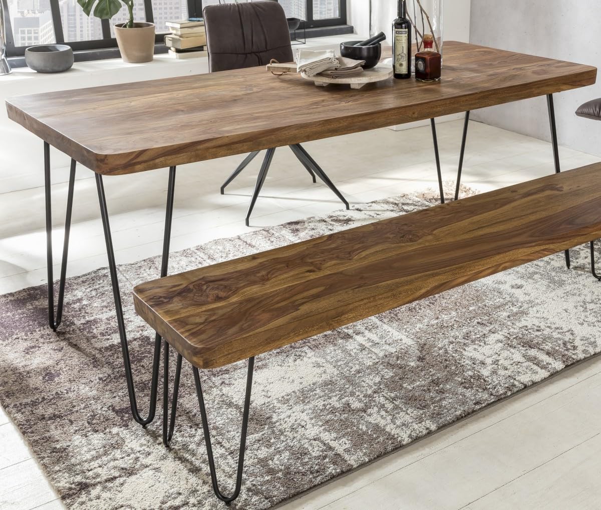 FineBuy Esstisch Harlem 120 cm Sheesham Massivholz mit Metallbeinen | Esszimmertisch aus Echtholz, Küchentisch handgefertigt, jedes Stück ein Unikat, Speisetisch für 6 bis 8 Personen