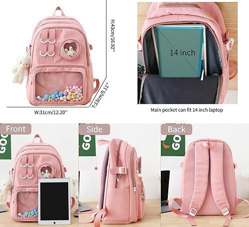 Miniatura 2 de Mochila Kawaii con bonitos accesorios de 15.6 pulgadas, bolsa de muñeca de oso estética, antirrobo, viaje, nuevo semestre, regalos, Rosado, Moderno