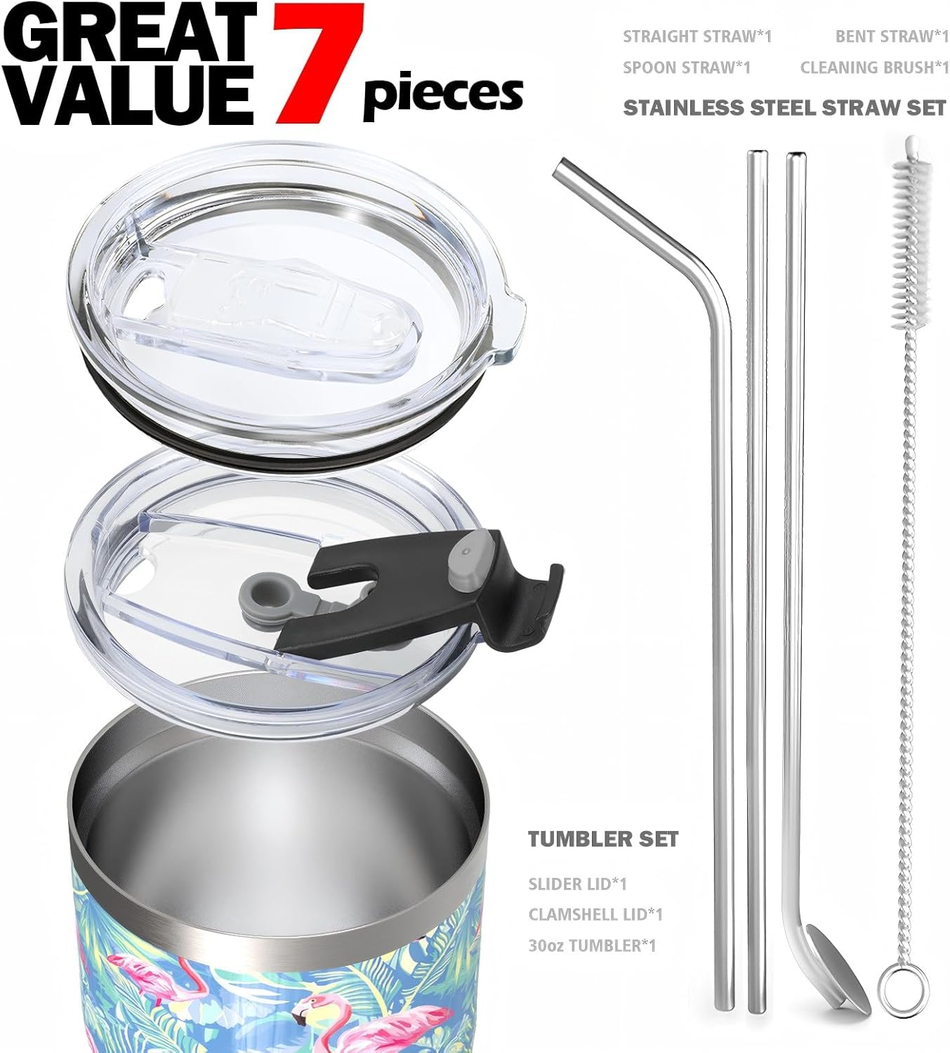 30oz Insulated Tumblers with Lids and Straws, Double wall Stainless Steel Tumbler with straw, Reusable Spill Proof Tumbler, Perfect for Iced Coffee, Tea & More- Flamingo - Image 4