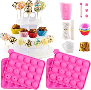 Cake Pop Maker Kit with 2 Silicone Mold Sets with 3 Tier Cake Stand, Chocolate Candy Melts Pot, Silicone Cupcake Molds, Paper Lollipop Sticks, Decorating Pen with 4 Piping Tips, Bag and Twist Ties