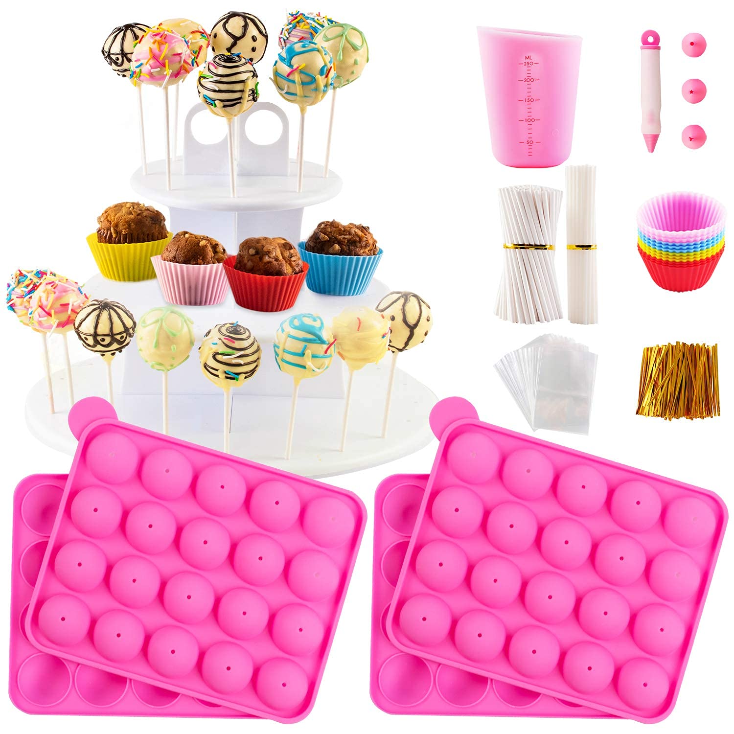 Kit para hacer pasteles con 2 juegos de moldes de silicona con soporte para tartas de 3 niveles, olla para derretir dulces de chocolate, moldes de silicona para cupcakes, palitos de piruleta de papel,