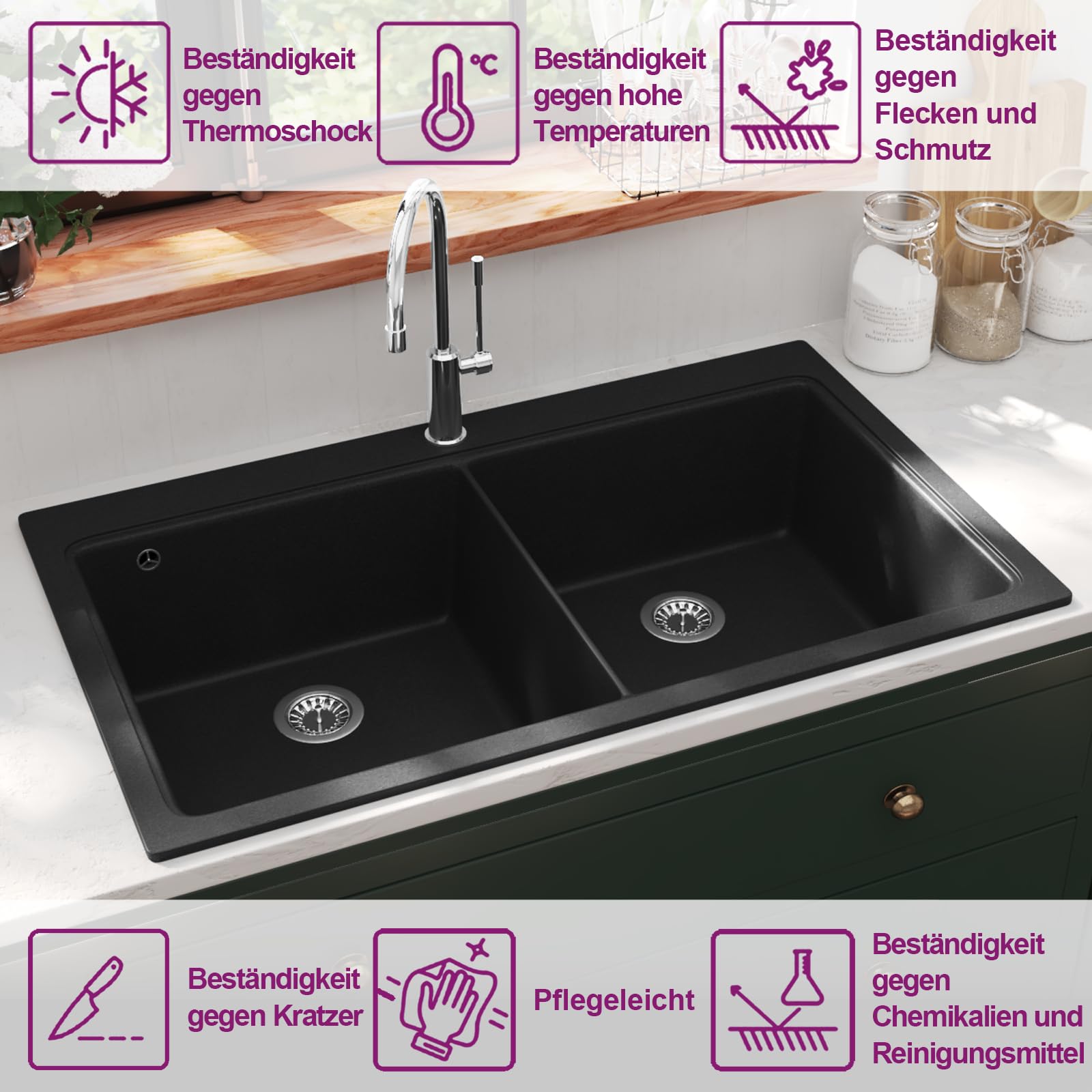 vidaXL Granitspüle 860x510mm Doppelbecken Einbauspüle Küchenspüle Spülbecken