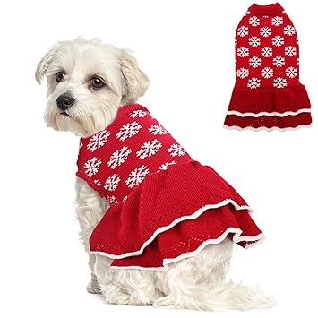 ROZKITCH Dog Sweater Dress Turtleneck Vest for Female Girls, Winter Warm Dog Pullover Knitwear Pet Sweater, Red Dog Princess Knitwear Sweater Dress Clothes for Fall Winter Christmas Holiday with Bow