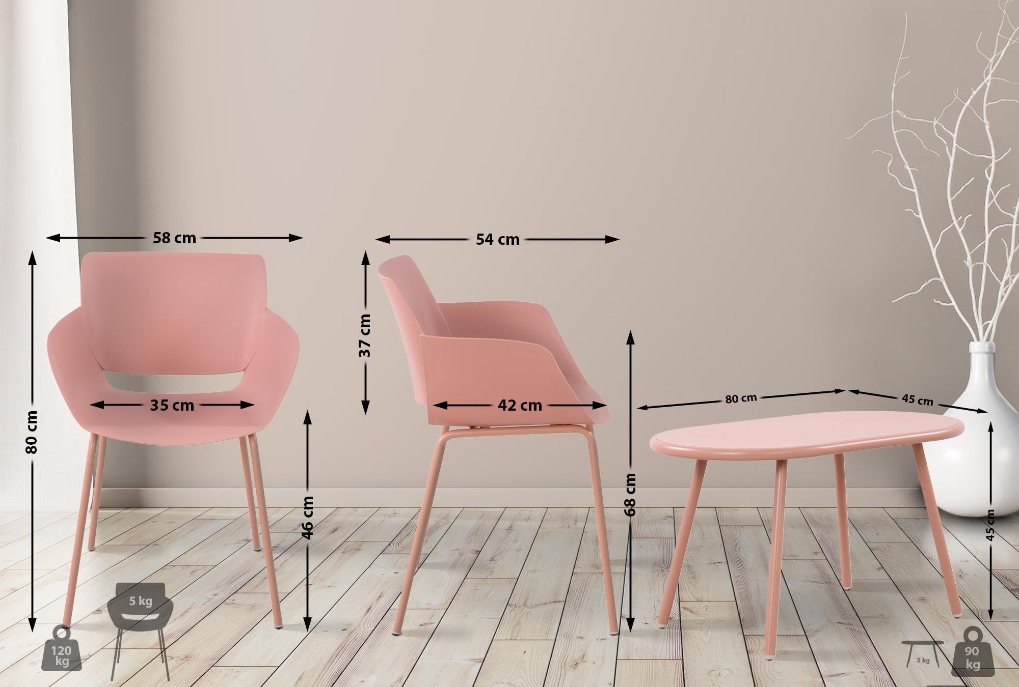 CLP Gruppo di sedute Velvena per il giardino I Set composto da tavolo Velva e sedie Alpena I Mobili da giardino | Colore rosa Contenuto del set 2 sedie