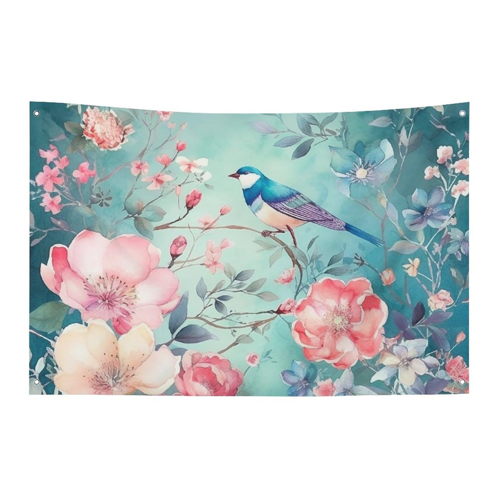 Drapeau fleurs et oiseaux imperméable, bannière grand format 4 œillets