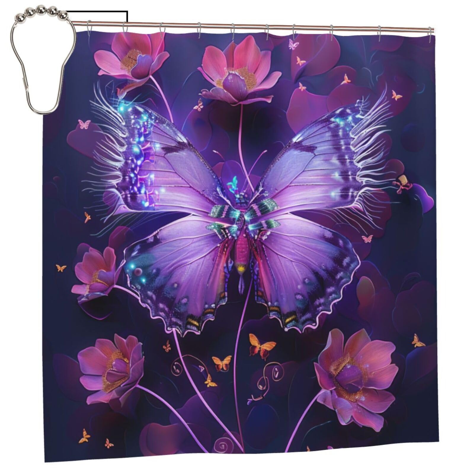 BWWHCCTI Butterfly Printed Shower Curtain With 12 Iron Hooks Opaque Quick Drying Waterproof Shower Curtains Sets For Bathroom 183x183 CM