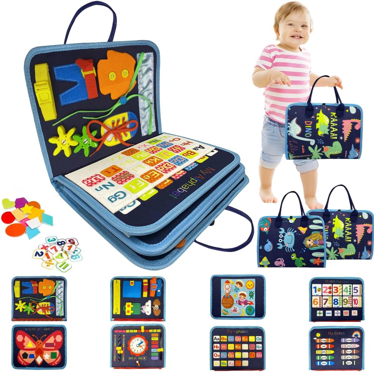 Toddler Busy Board, 8 In 1 Montessori Toy Busy Book Kid Preschool Developing Sensory Board Baby Educational Learning Activity for Basic Shape Color Flying Airplane Travel Essential Game Gift Ages 1-4