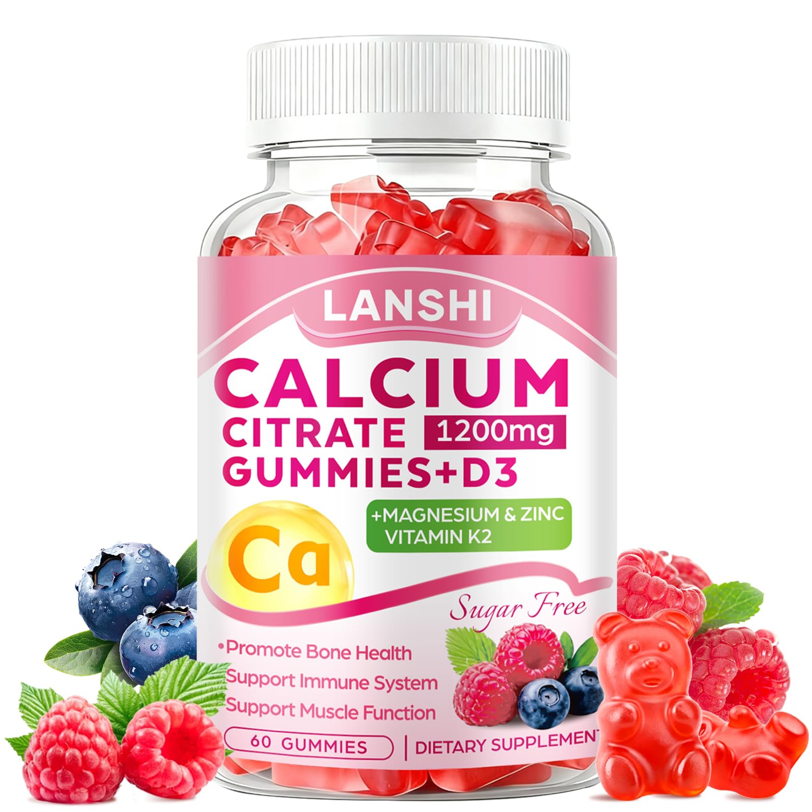 Calcium Citrate Gummies 1200mg with Vitamin D3 & K2 Supplements for Women & Men, High Absorption Calcium Gummies Plus Magnesium, Zinc for Strong Bones & Immune Support Mixed Berry Flavor 60 Count (Pack of 1)