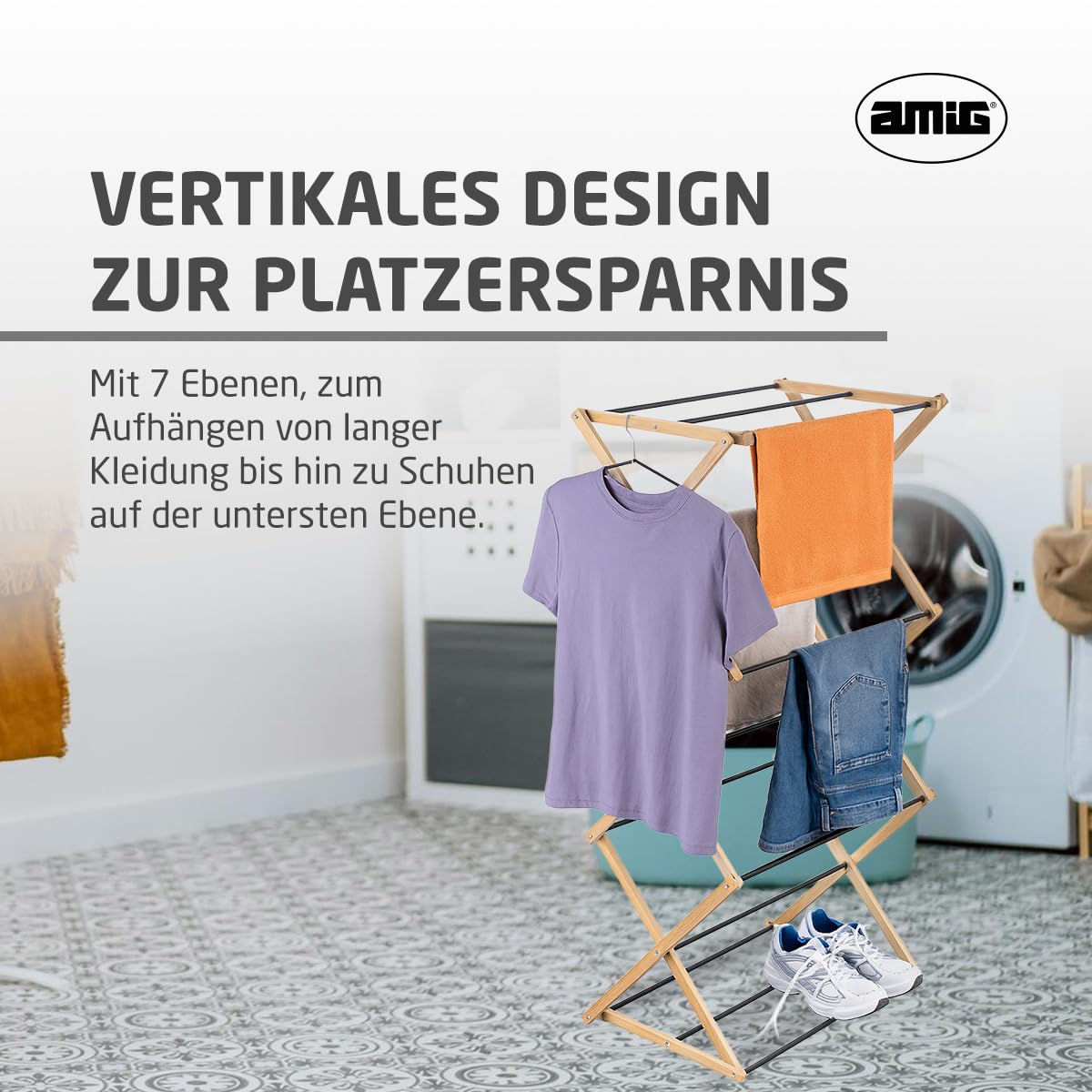 Amig - Vertikaler, klappbarer Turm-Wäscheständer Mod. Aeria ZenRack - Epoxidstahl und Bambus - Design-Wäschetrockner mit vertikaler Struktur - 5 m Trockenfläche - 54x36x106 cm - Farbe Schwarz/Bambus