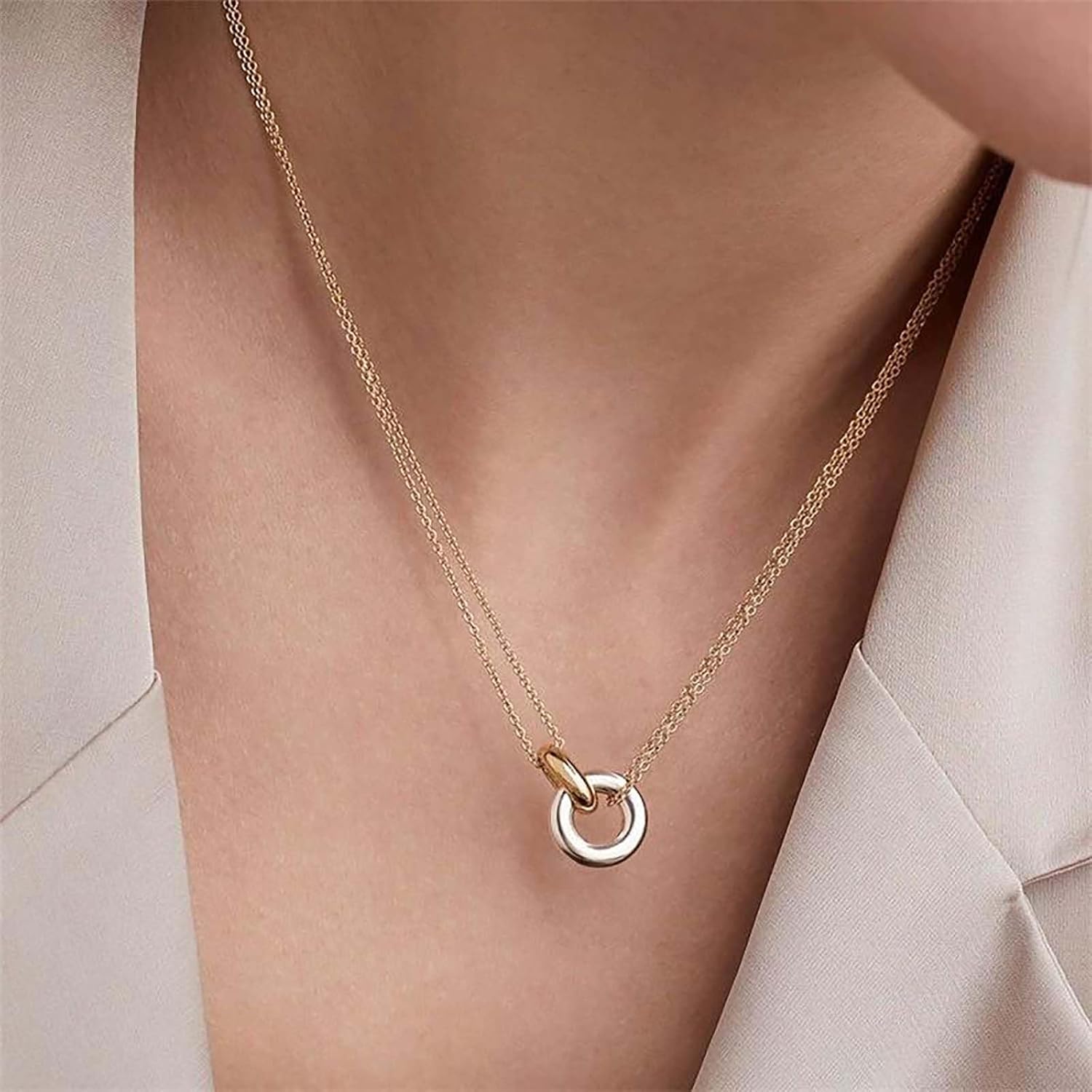 Boho Layered Interlocking Circle Necklace Gold Hollow Circle Necklace Vintage Double Circle Choker Necklace Adjustable Open Circle Chain Necklace Jewelry for Women - Image 2