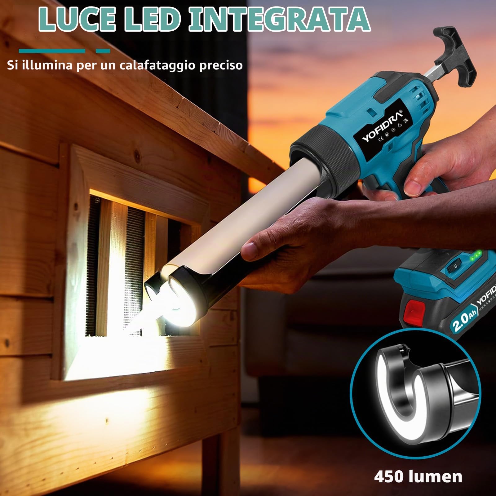 Yofidra Pistola Silicone Elettrica, Forza 600kg, 6 Velocità, Luce LED | Pistola Cartuccia a Batteria, 2x2.0Ah Batterie, 13 Accessori inclusi, per Cartucce da 300 ml, Ideale per Casa e Bricolage