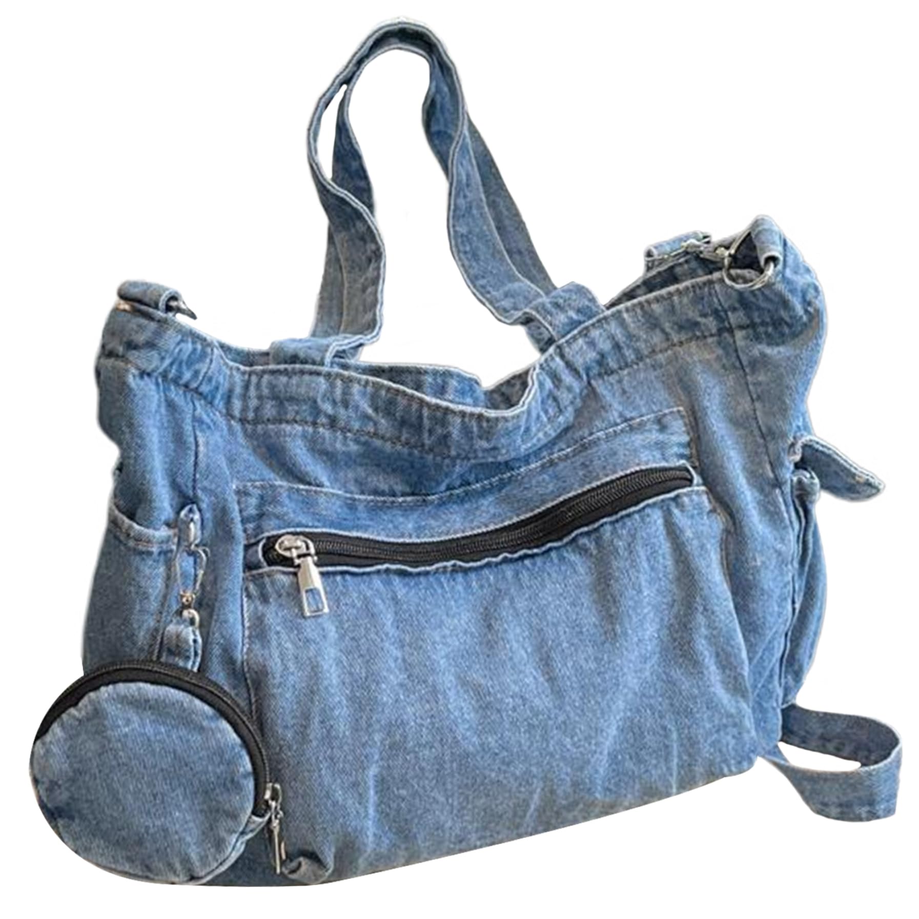 Large Denim Tote Bag For Women - Vintage Crossbody Purse With Adjustable Strap, Blue Casual Shoulder Bag