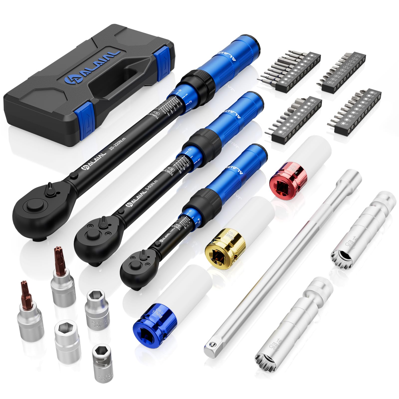Llave Dinamométrica 1/4", 3/8", 1/2" (3-25Nm, 5-60Nm, 20-220Nm), 54 piezas con Extensión, protectores de neumáticos y bujes magnéticos para bujías, para neumáticos de coches, motos, Bicicletas