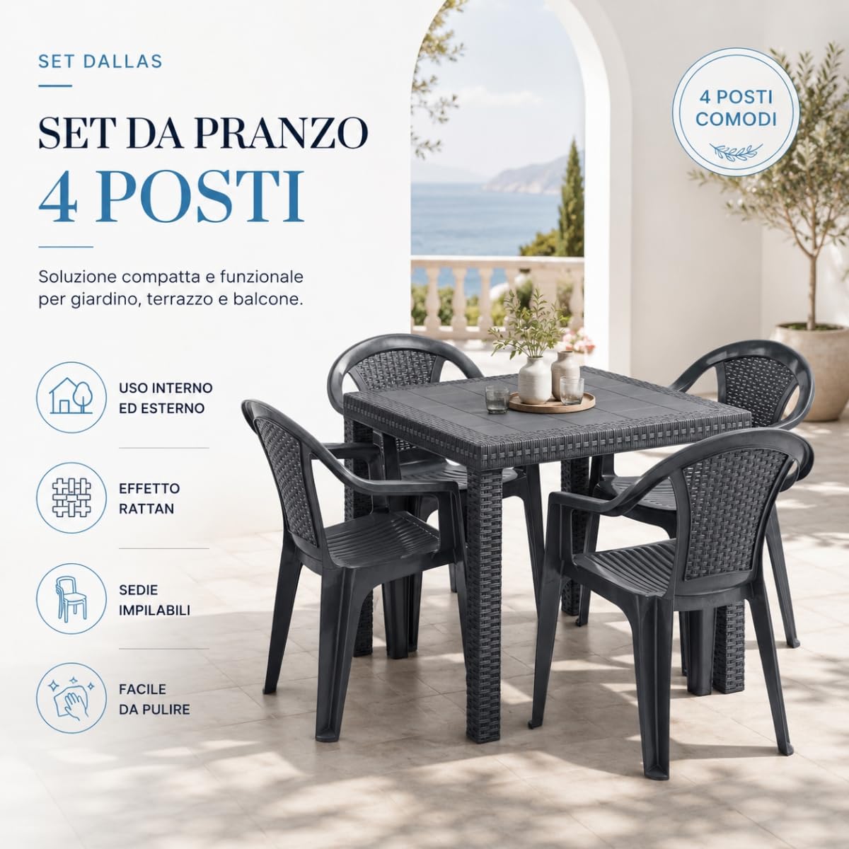 Tomaino - Set Tavolo con Sedie da Giardino in Plastica Effetto Rattan - Set da Pranzo Tavolo Quadrato con Foro Ombrellone e 4 Sedie Impilabili con Braccioli per Esterno, Terrazze, Bar, Ristoranti