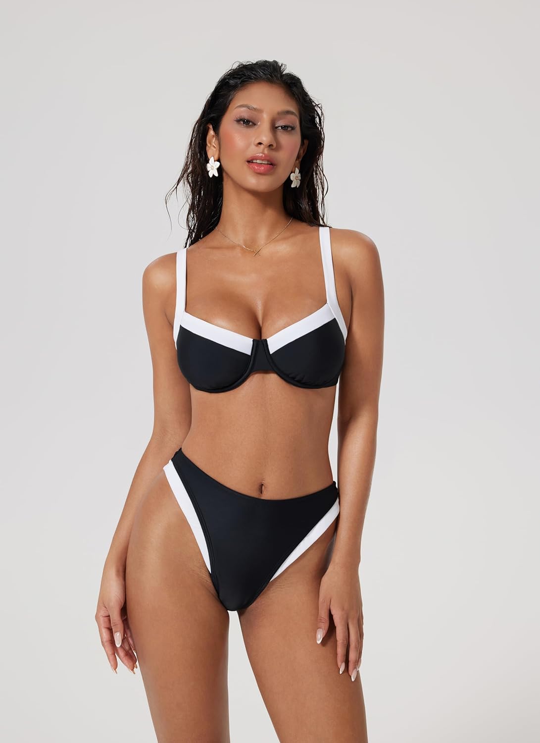 SUUKSESS Women Color Block Underwire Bikini Sets Cheeky High Cut 2 Piece Swimsuit - Image 2