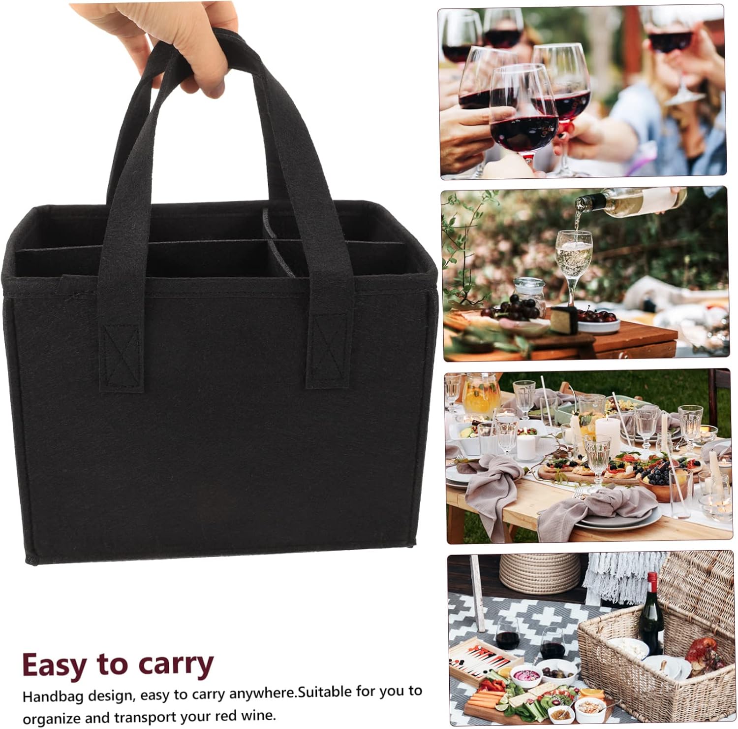 Portable Felt Wine Tote Bag for 6 Bottles, Black Trim