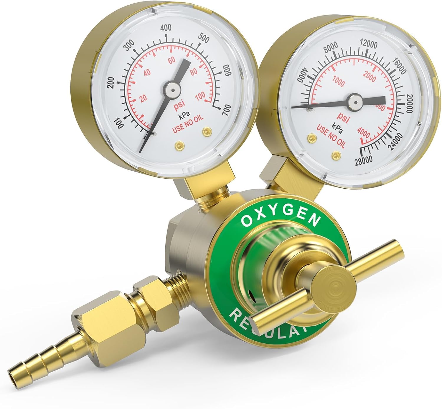 YESWELDER Oxygen Regulator CGA540, 0-4000PSI and 0-100PSI Welding Gas Gauges With 9/16"-18 Outlet Thread and 1/4" Hose Connector, T-Handle