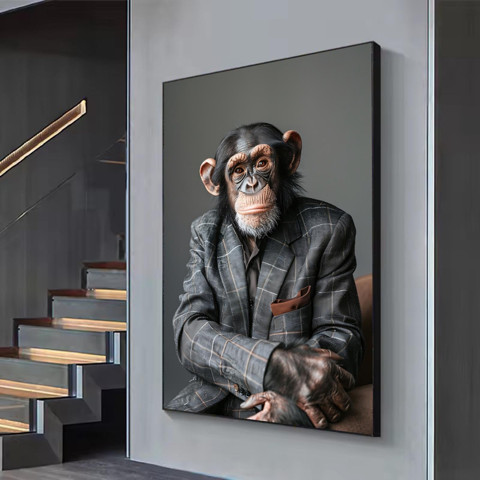 Via Vela Rétro Style Britannique Toile Mural Art Print Drôle Gentleman Animal Portrait Orang-outan Dans Un Costume À Carreaux Affiche Peinture Oeuvre d’Art Pour Bureau Decor 66x102cm Avec-Cadre-Noir