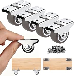 1 Inch Small Rigid Caster Wheels, 4 Pack Non-Swivel Low Profile Plate Casters, No Floor Marks Silent Rubber Replacement Wheels for Furniture, Trundle Beds, Drawers, Rolling Doors, Cabinets | Low Profile, Non-Marks, Smooth Rolling, Steel Fixed Bracket