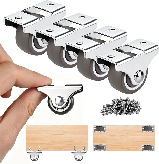 1 Inch Small Rigid Caster Wheels, 4 Pack Non-Swivel Low Profile Plate Casters, No Floor Marks Silent Rubber Replacement Wheels for Furniture, Trundle Beds, Drawers, Rolling Doors, Cabinets | Low Profile, Non-Marks, Smooth Rolling, Steel Fixed Bracket