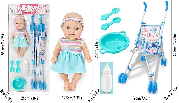 Tanxier Ensemble De Jeu De Simulation De Poupées,Ensemble de Jouets pour pour Tout-Petits pour Filles,Jeu de poupées avec Poussette 10 Pouces avec Accessoires - 5
