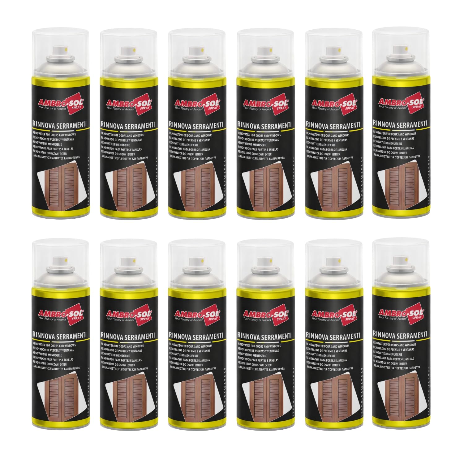 VIRSUS 12 Bombolette Rinnova Serramenti Spray da 400ml, Azione Protettiva per infissi Interni e Esterni, Spray Trasparente, Lucida porte e serramenti in Legno, Alluminio e Pvc