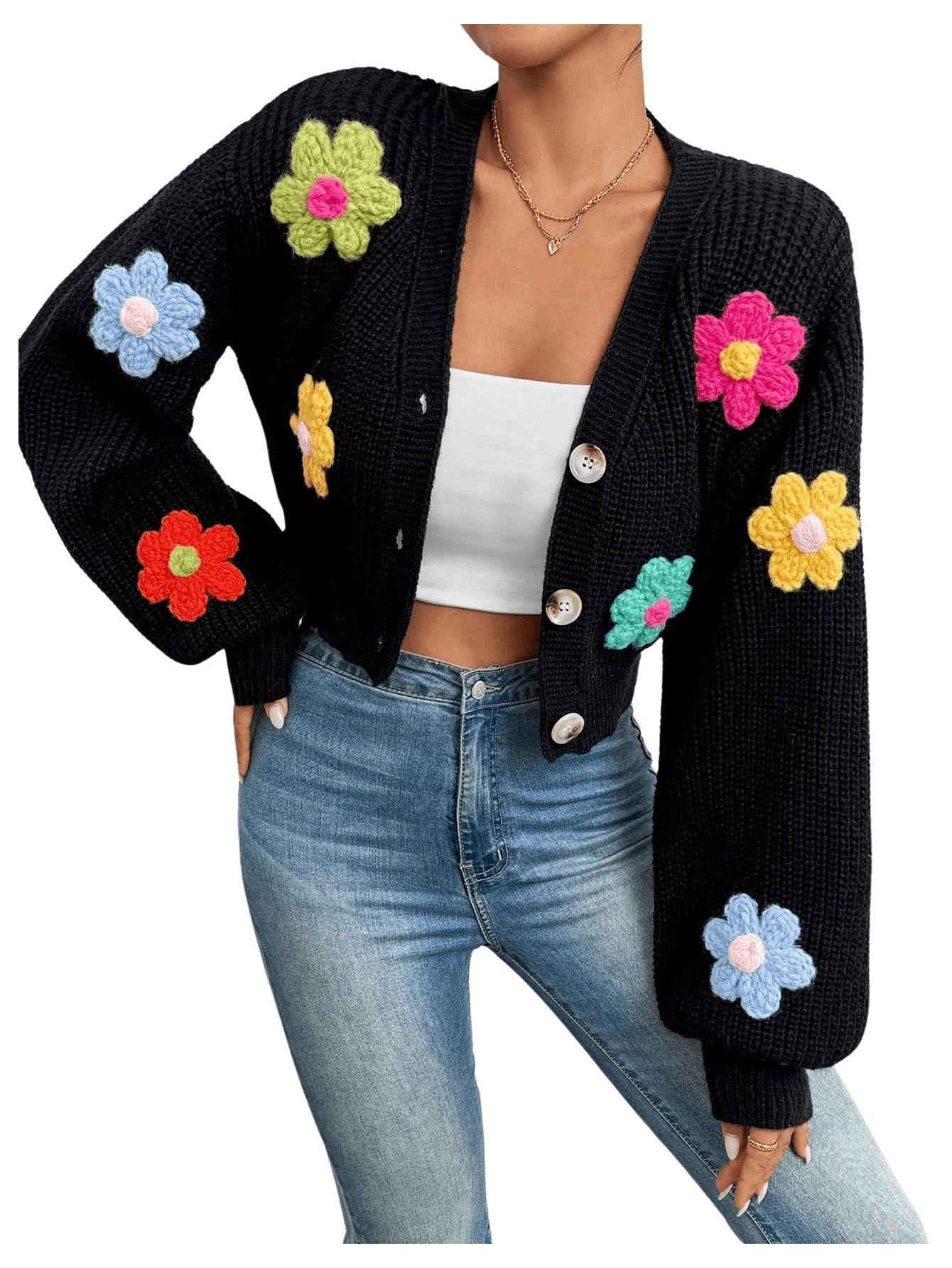 SHENHE Womens Button Down Lantern Sleeve V Neck Knitted Cropped Flower Cardigan Sweater