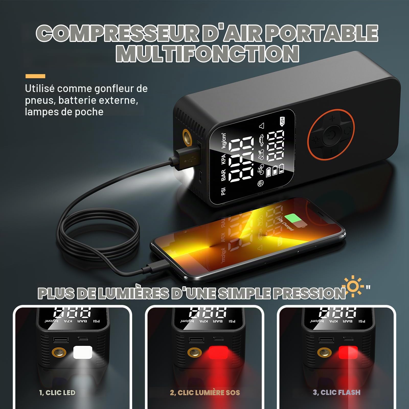Gonfleur Pneus Voiture Électrique Sans Fil Mini Compresseur à Air Portatif 150 PSI avec Arrêt Auto & LED, Inflation Rapide, Batterie 6000mAh, Charge USB-C, pour Voiture/Moto/Vélo/Ballon, Noir