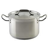 Winco Silver 8 qt Stainless Steel Stock Pot with Cover | Dishwasher safe, Heavy-duty, Tri-ply construction, Riveted handles, Wide base, Great for Stocks, Soups and Batch Cooking 8 Quarts Pot With Cover
