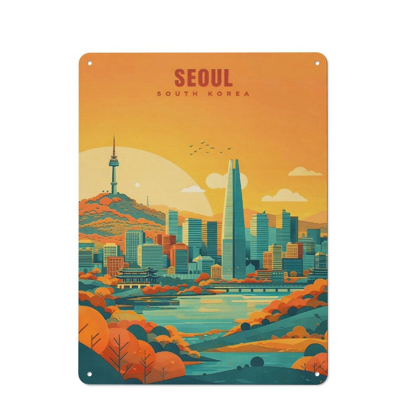 Junmoney Style-15 Metal Plaque 40X30cm With Seoul Cityscape With Namsan Tower For Pub Or Café, Vintage Decor, For Vintage Wall Decor Fans, For Metal Sign Collectors