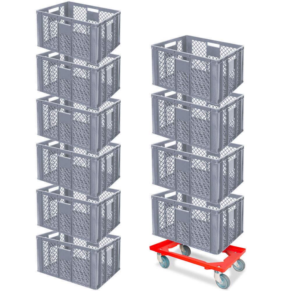 BRB Lot économique de 10 bacs empilables et roulettes de transport, 600 x 400 x 320 mm, qualité industrielle, convient à un usage alimentaire, gris
