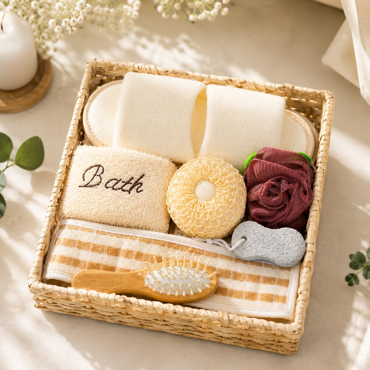 Luxury 8 Piece Spa Gift Basket Set for Women and Men, Home Spa Self Care Kit with Plush EVA Slippers, Handwoven Storage Basket, Bath Loofah, Cleansing Pouf, Wooden Massage Brush, Volcanic Pumice Stone-image-43