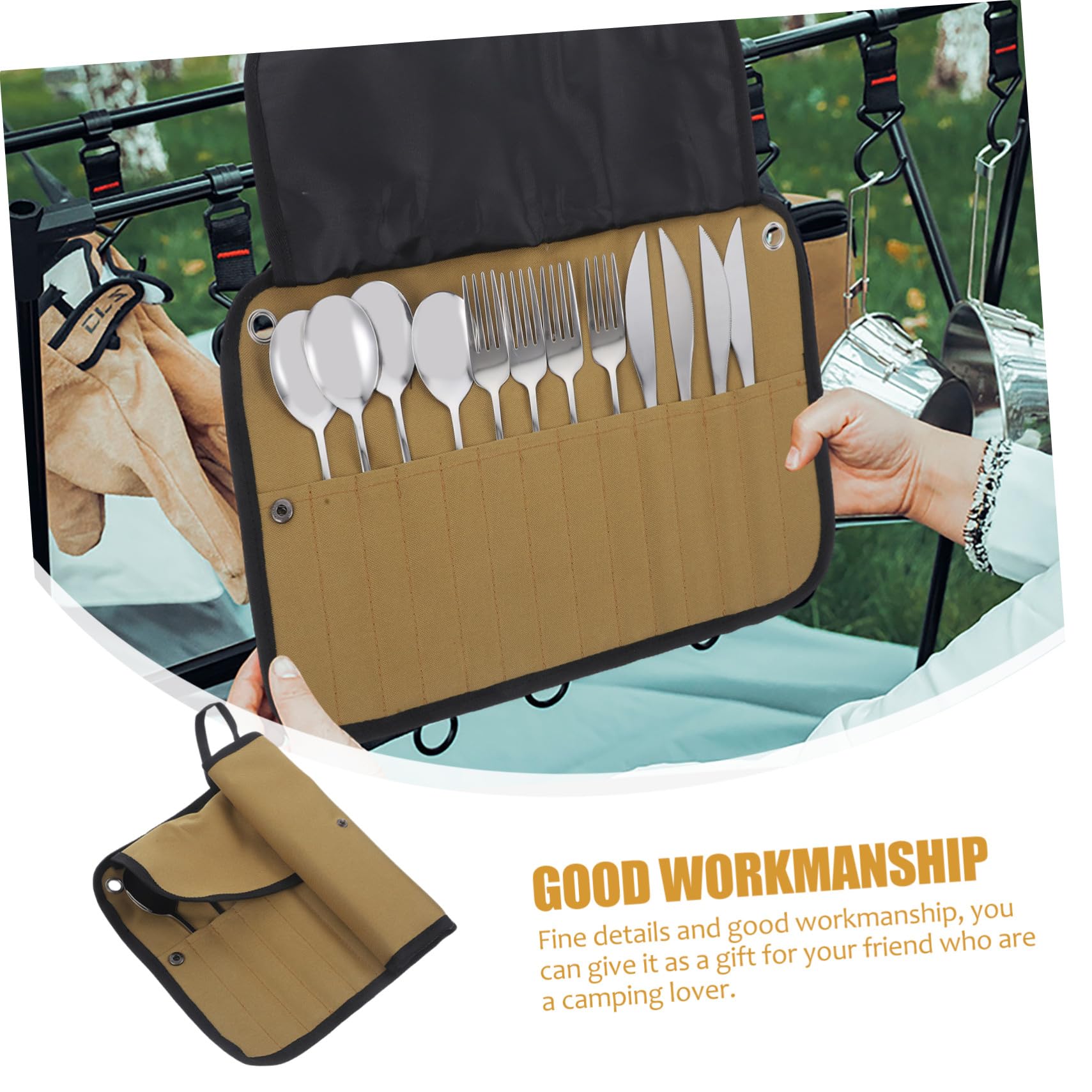 Campingbesteck Satz 1 Satz aus Edelstahl mit Nylon Rolltasche | Silber, Leicht und Tragbar, für Camping und Wandern, Kompaktes Outdoor Zubehör für Unterwegs