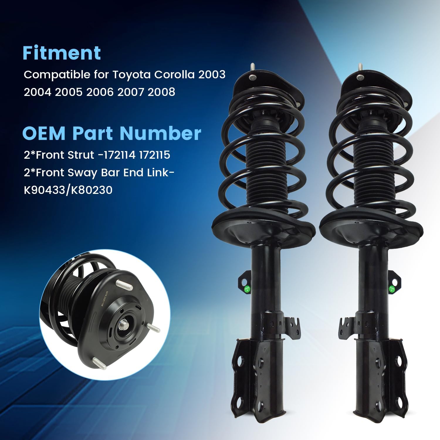 4PCS Front Shock Absorbers & Sway Bars End Links for 2003 2004 2005 2006 2007 2008 Toyota Corolla Struts Suspensions Kit Assembly w/Coil Spring Replace 172114 172115 K90433/K80230