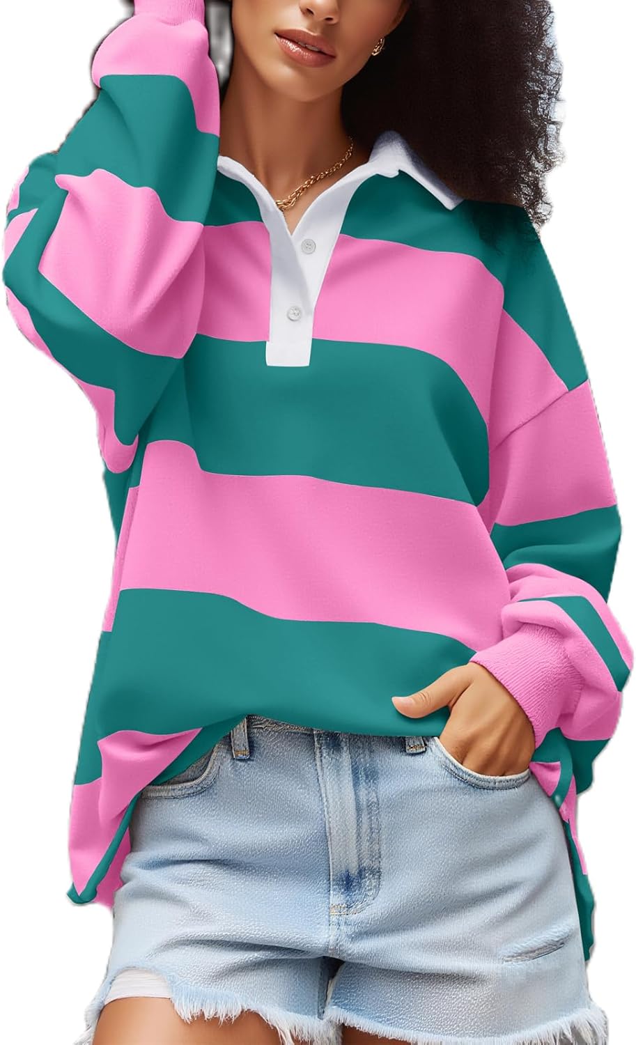 JINZIYINZI Rugby Polo Shirts for Women Long Sleeve Vintage Striped Oversized Sweatshirts Y2k Classic Stripes Pullover Tops