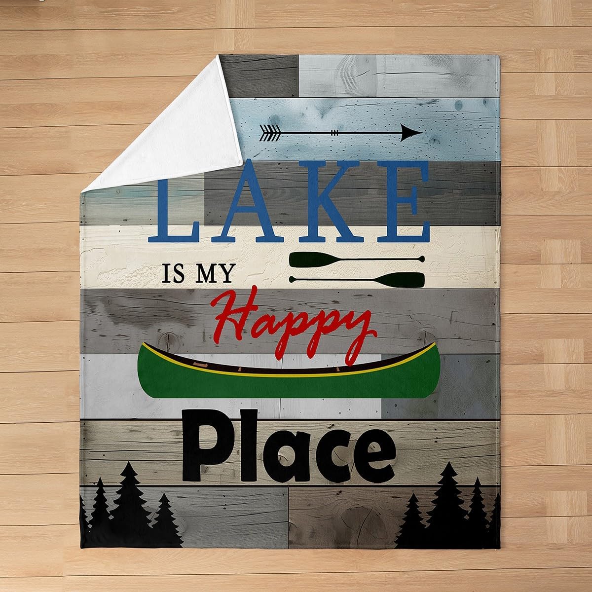Lake House Fleece Blanket,Rustic Farmhouse Blue Gray Wooden Plank Bed Blanket for Kids Teens,Cabin Boating Paddle Fishing Adventure Flannel Blanket for Room Decor,Queen 90"x90"