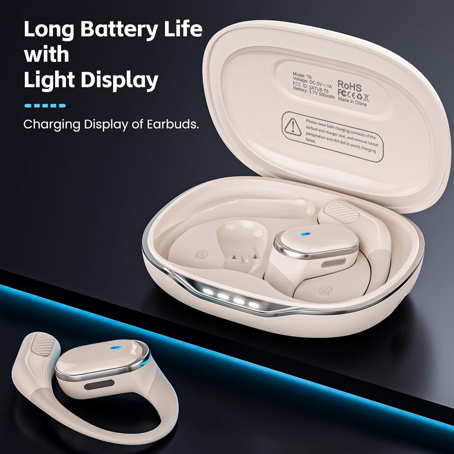 Open Ear Wireless Earbuds Bluetooth 5.4 Headphones, 50H Playtime Stereo Earphones with ENC Noise Cancelling, IPX7 Waterproof Ear Buds with Ergonomic Earhook for Sports/Fitness/Travel/Workouts (White)