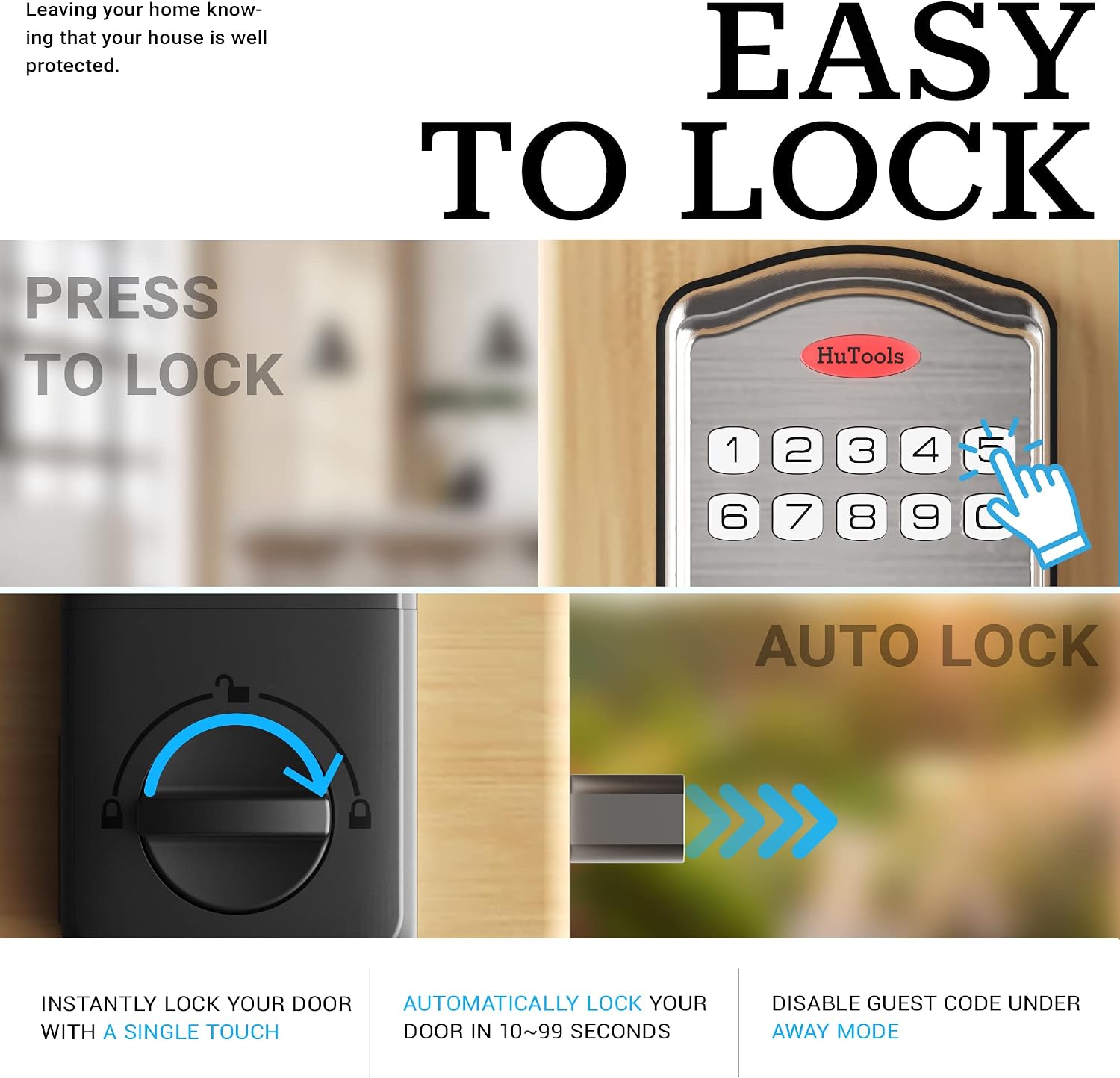 Image showing the keypad with a hand pressing a button to lock and a diagram of the auto-lock mechanism