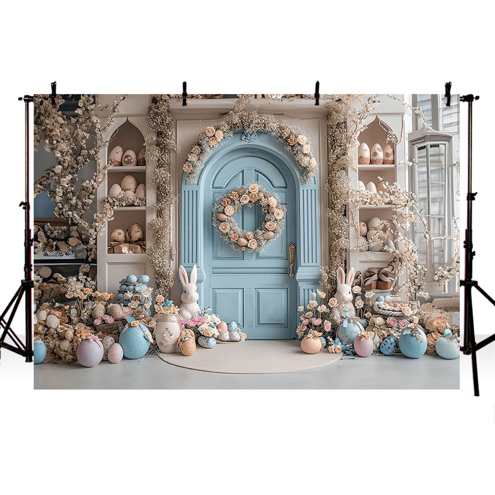 MEHOFOND Easter Photography Backdrop Spring Blue Door Flower Bunny Colorful Egg Kids Portrait Baby Shower Cake Birthday Party Decoration Photo Studio Props 7x5ft