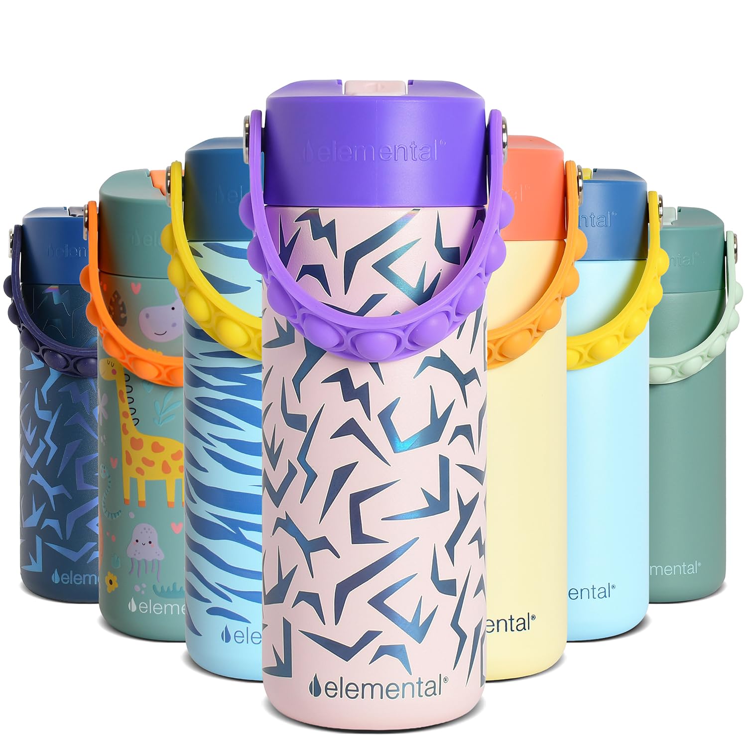 Elemental Insulated Kids Water Bottle, Stainless Steel Water Bottle with Straw Lid & Pop-It Handle, Leak-Proof Water Bottles for School, Boys or Girls
