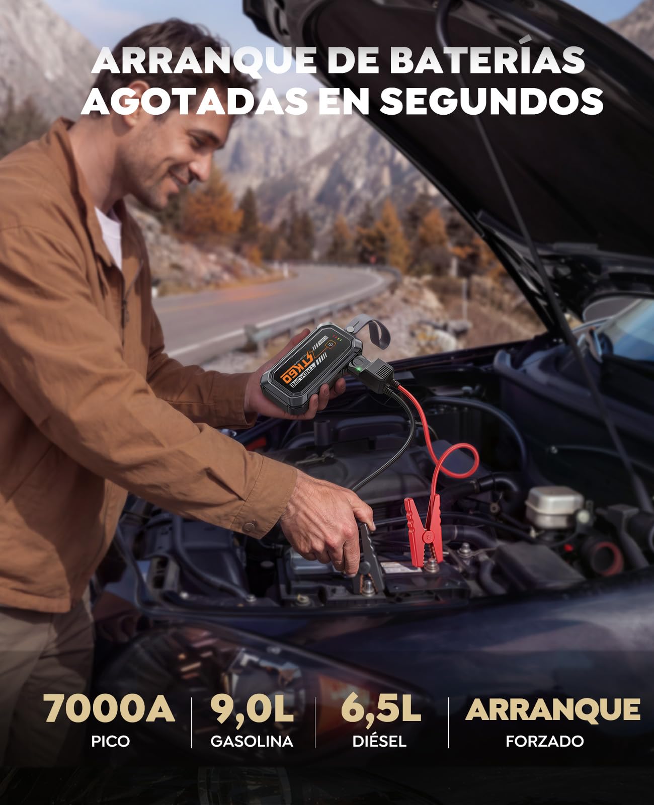 TREKURE TK60 Arrancador de Coches 7000A, Arrancador de Baterías de Coche con Boost(hasta 9,0L de Gas y 8,5L de Diésel), Panel Magnético Frontal, Luz LED de Panel Completo 4 en 1 y Mango de Apertura