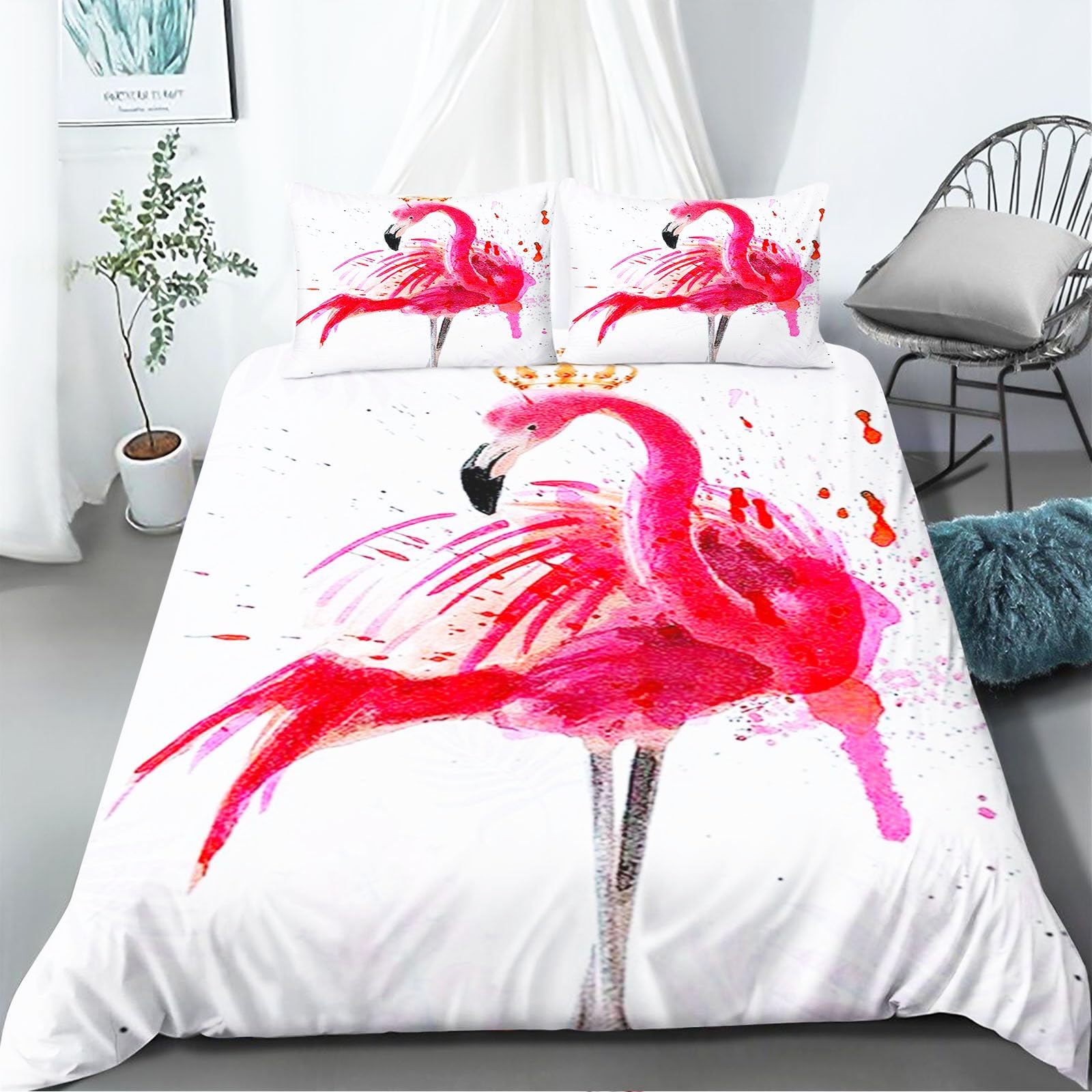 Flamingo Set Biancheria Da Letto In Microfibra 135x200 Cm - Copripiumino Con Cerniera E 2 Federe 50x75 Cm - Rosa, Stampa 3D Per Bambini E Ragazze